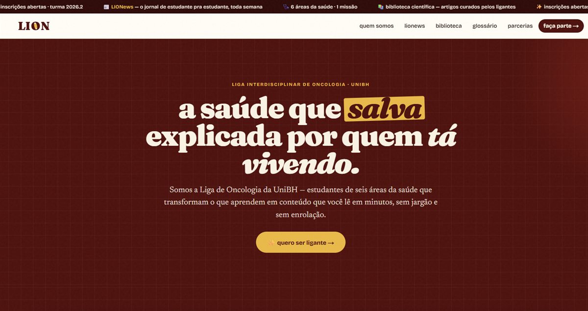 Página inicial do site da LION, projeto autoral da Letícia